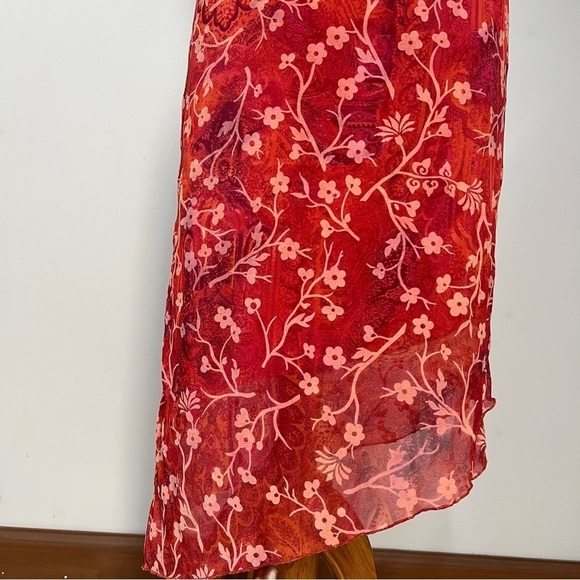 Vintage Y2K Spaghetti Strap Dress Beach Resort Asymmetric Red Ditsy Floral Midi - Picture 11 of 14